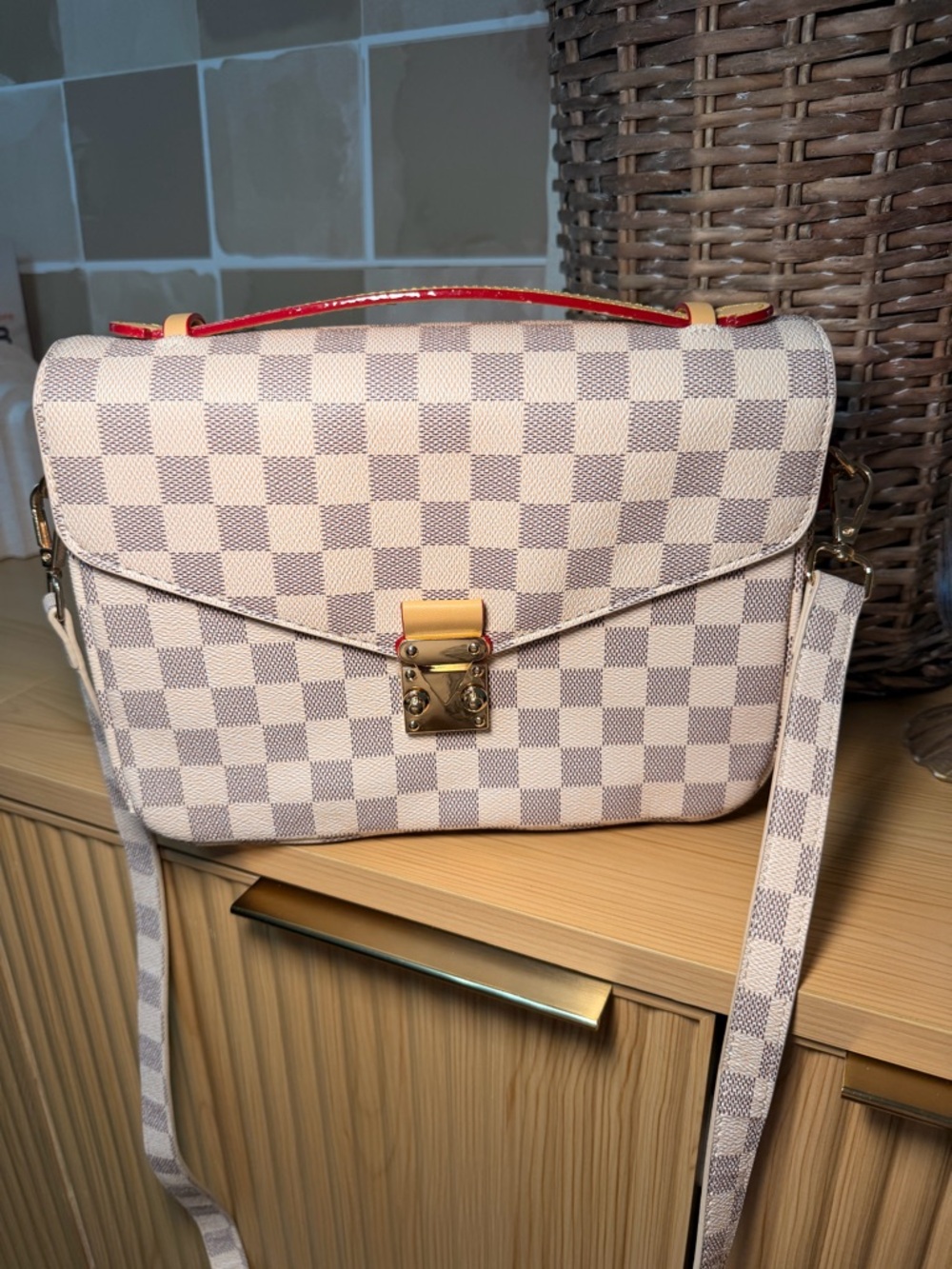 Checked Crossbody Satchel in Light Beige and White